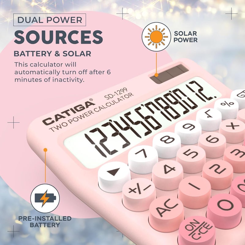 CATIGA Mechanical Switch Calculator with Solar and Battery Dual Power, 12-Digit Large LCD Display, Aesthetic and Cute Desktop Calculator with Big Button, for Home, School and Office Use, SD-1299 - Image 5